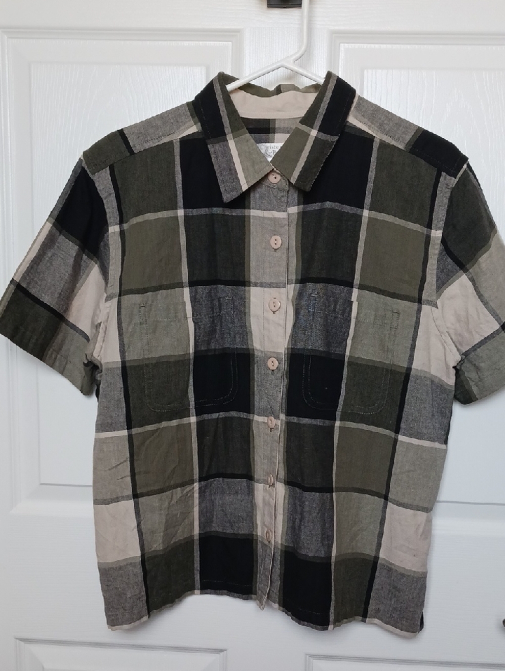 Christopher & Banks 100% cotton Olive Black Cream Plaid Short Sleeve Button-Up